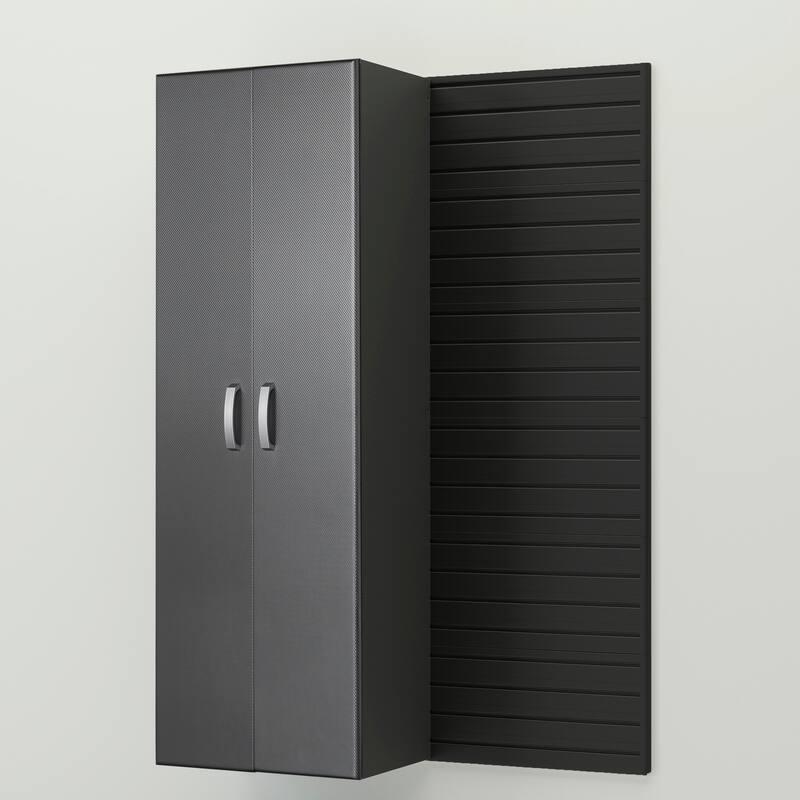 18 Piece Slatwall Panel, Cabinet, Hook, Soft Bin and Large Workstation Storage Set - Black Slat Wall/Graphite Carbon Cabinet