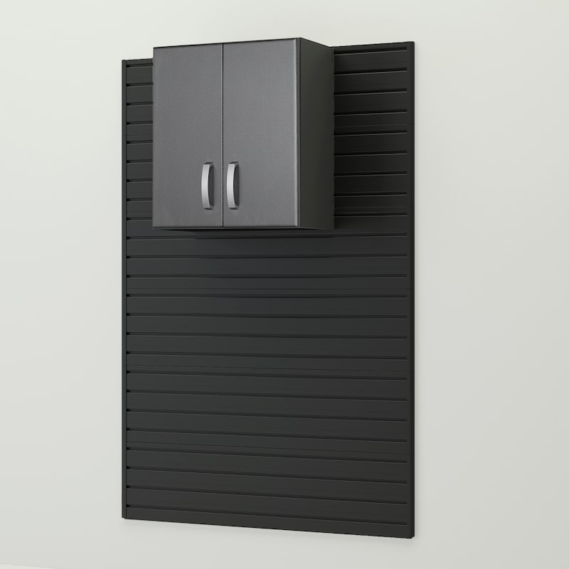 18 Piece Slatwall Panel, Cabinet, Hook, Soft Bin and Large Workstation Storage Set - Black Slat Wall/Graphite Carbon Cabinet