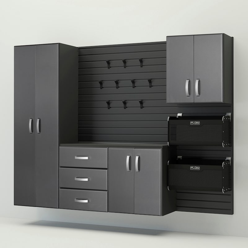 18 Piece Slatwall Panel, Cabinet, Hook, Soft Bin and Large Workstation Storage Set - Black Slat Wall/Graphite Carbon Cabinet