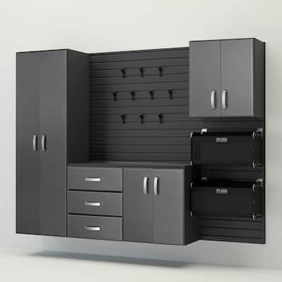 18 Piece Slatwall Panel, Cabinet, Hook, Soft Bin and Large Workstation Storage Set - Black Slat Wall/Graphite Carbon Cabinet