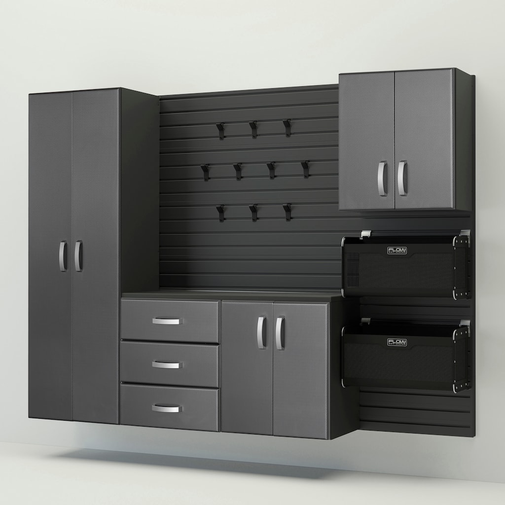 18 Piece Slatwall Panel, Cabinet, Hook, Soft Bin and Large Workstation Storage Set - Black Slat Wall/Graphite Carbon Cabinet
