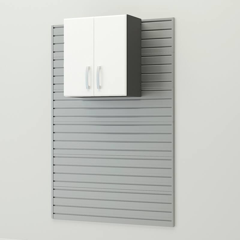 13 Piece Slatwall Panel, Cabinet, Bin and Jumbo Workstation Storage Set- Silver Slat Wall/White Cabinet
