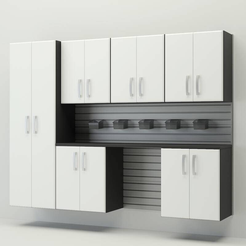 13 Piece Slatwall Panel, Cabinet, Bin and Jumbo Workstation Storage Set- Silver Slat Wall/White Cabinet
