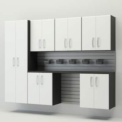 13 Piece Slatwall Panel, Cabinet, Bin and Jumbo Workstation Storage Set- Silver Slat Wall/White Cabinet