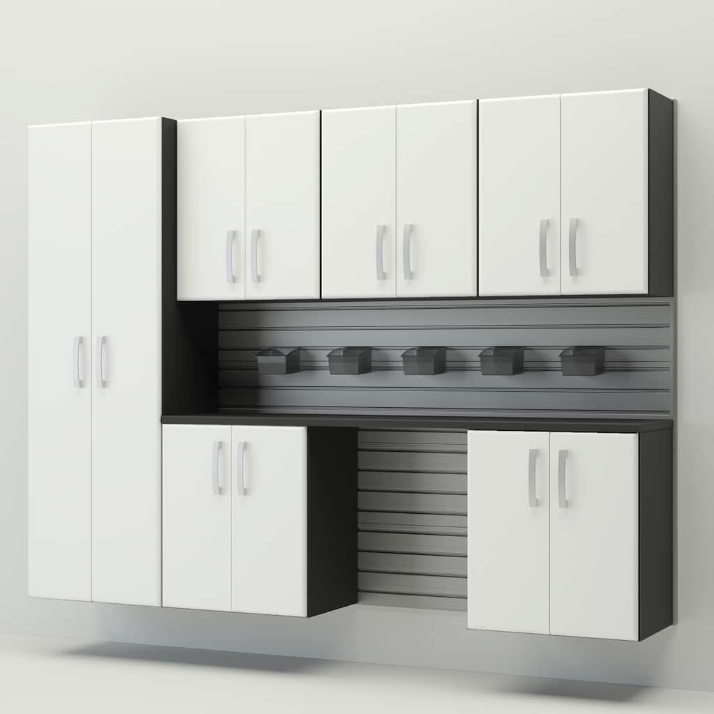 13 Piece Slatwall Panel, Cabinet, Bin and Jumbo Workstation Storage Set- Silver Slat Wall/White Cabinet