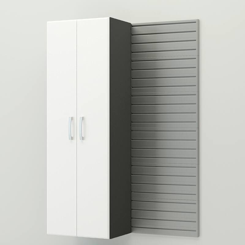 13 Piece Slatwall Panel, Cabinet, Bin and Jumbo Workstation Storage Set- Silver Slat Wall/White Cabinet