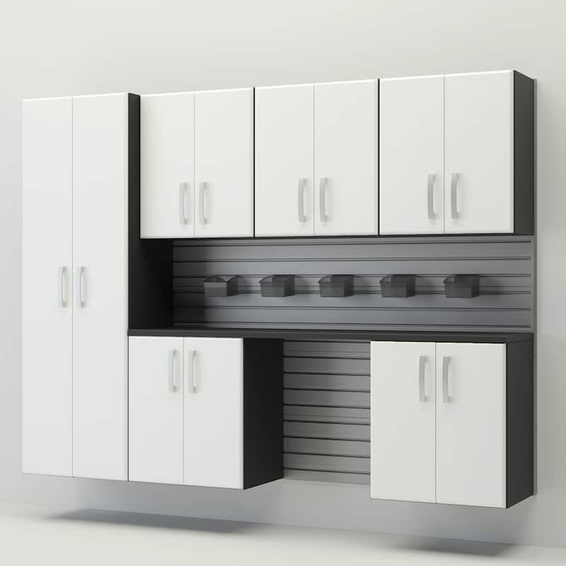 13 Piece Slatwall Panel, Cabinet, Bin and Jumbo Workstation Storage Set- Silver Slat Wall/White Cabinet