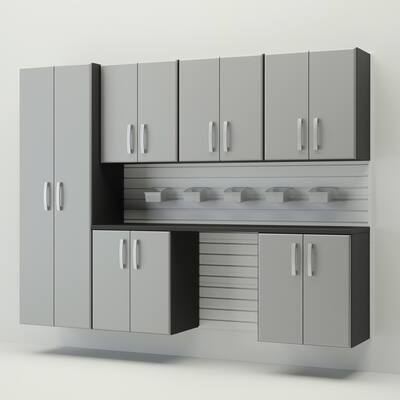 13 Piece Slatwall Panel, Cabinet, Bin and Large Workstation Storage Set - White Slat Wall/Silver Cabinet