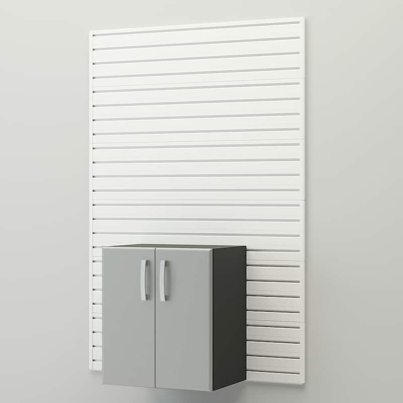 13 Piece Slatwall Panel, Cabinet, Bin and Large Workstation Storage Set - White Slat Wall/Silver Cabinet
