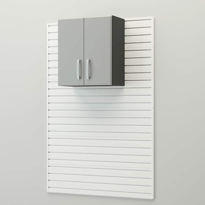 13 Piece Slatwall Panel, Cabinet, Bin and Large Workstation Storage Set - White Slat Wall/Silver Cabinet