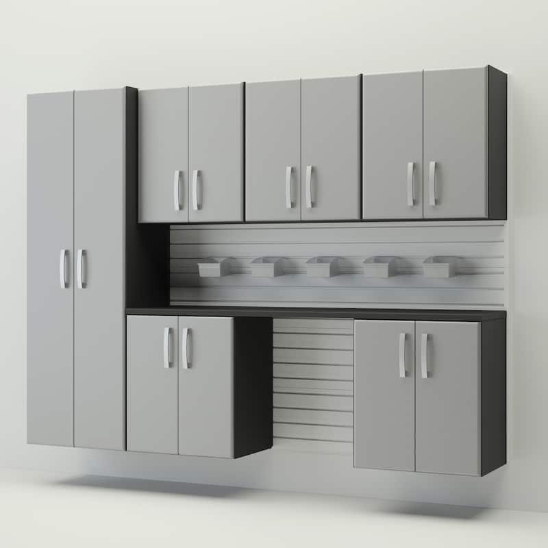 13 Piece Slatwall Panel, Cabinet, Bin and Large Workstation Storage Set - White Slat Wall/Silver Cabinet