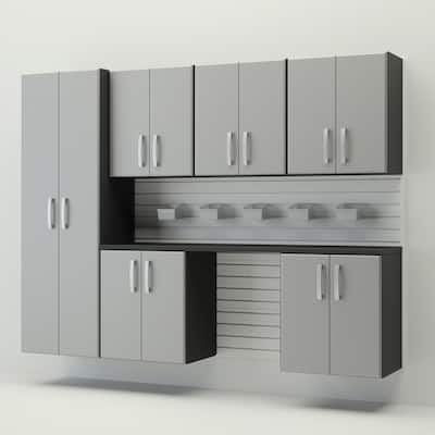 13 Piece Slatwall Panel, Cabinet, Bin and Large Workstation Storage Set - White Slat Wall/Silver Cabinet