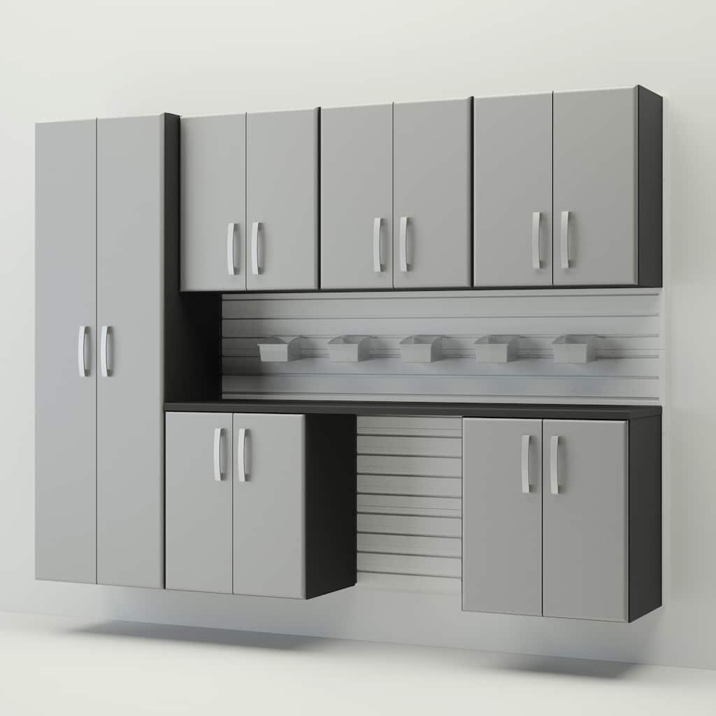 13 Piece Slatwall Panel, Cabinet, Bin and Large Workstation Storage Set - White Slat Wall/Silver Cabinet