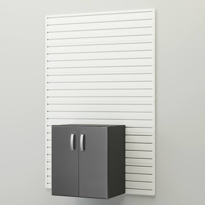 18 Piece Slatwall Panel, Cabinet, Hook, Bin and Large Workstation Storage Set - White Slat Wall/ Graphite Carbon Cabinet