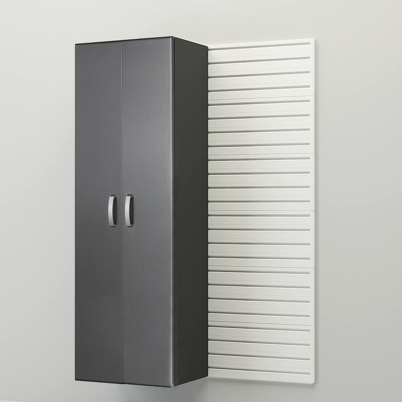 18 Piece Slatwall Panel, Cabinet, Hook, Bin and Large Workstation Storage Set - White Slat Wall/ Graphite Carbon Cabinet