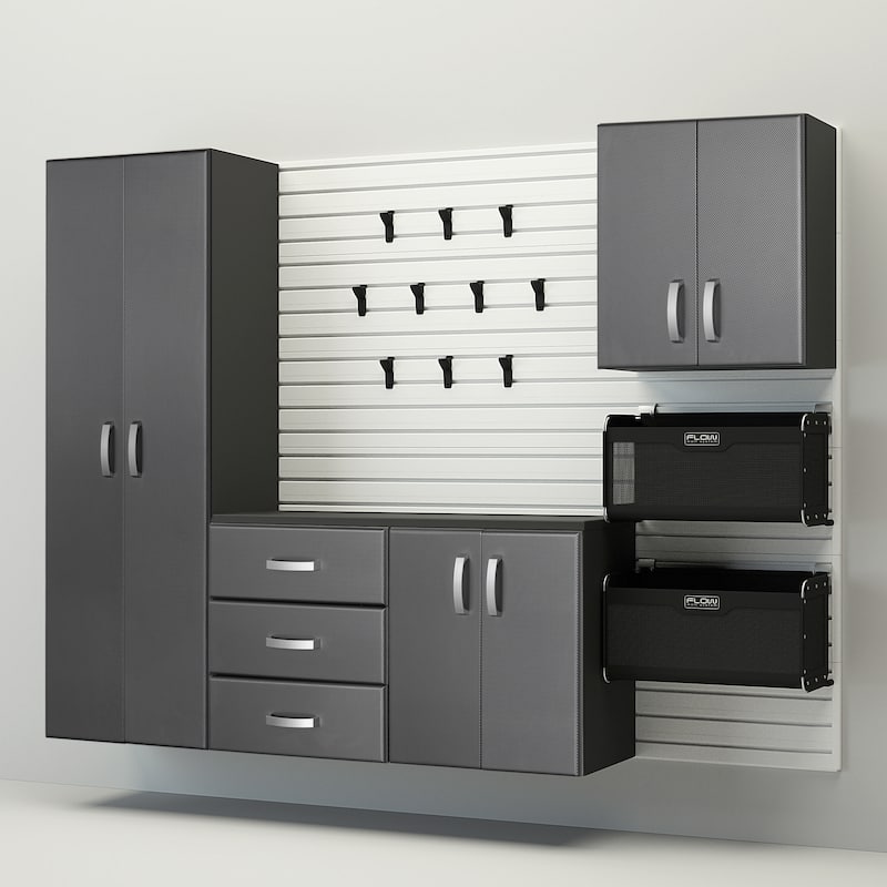 18 Piece Slatwall Panel, Cabinet, Hook, Bin and Large Workstation Storage Set - White Slat Wall/ Graphite Carbon Cabinet