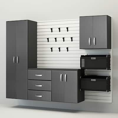 18 Piece Slatwall Panel, Cabinet, Hook, Bin and Large Workstation Storage Set - White Slat Wall/ Graphite Carbon Cabinet