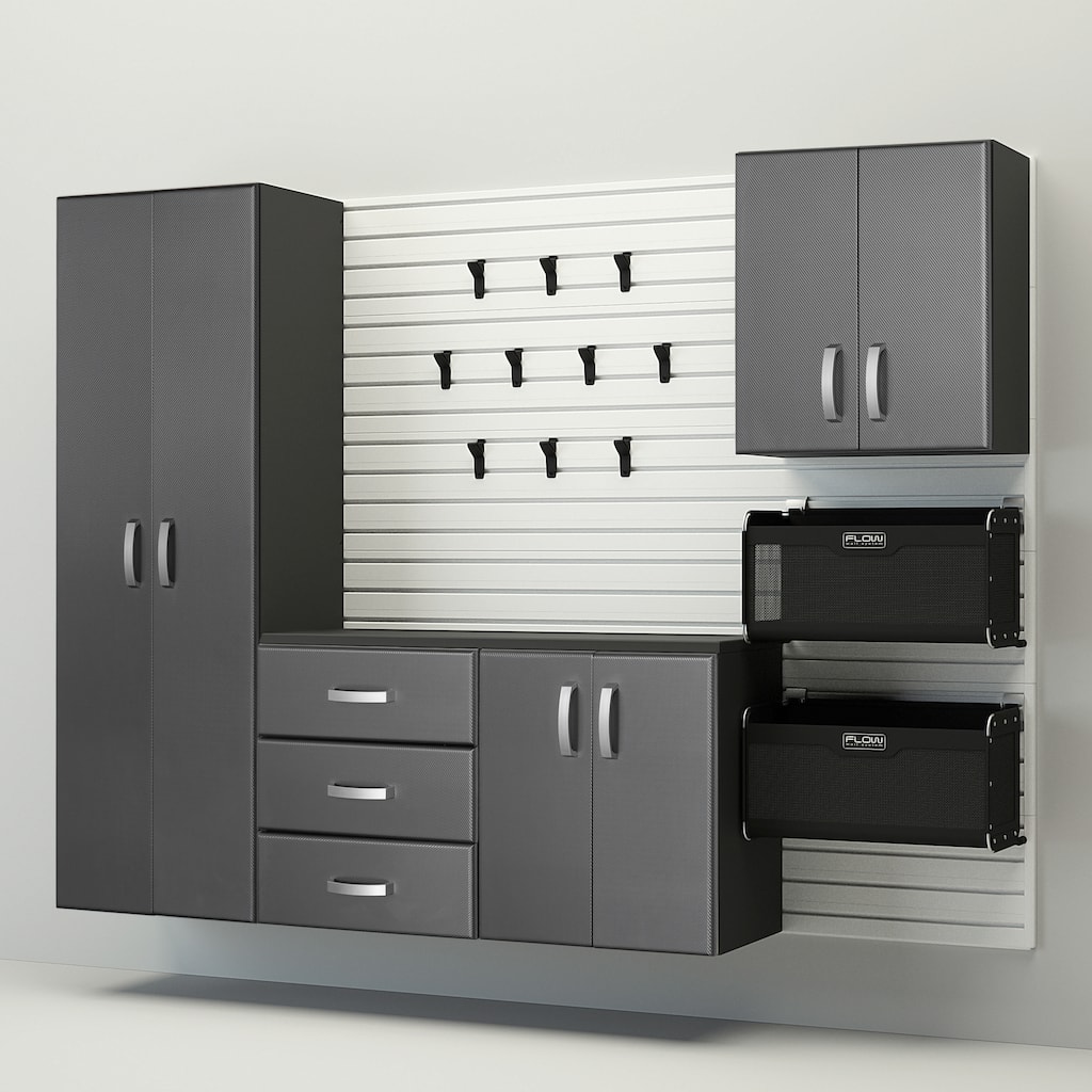 18 Piece Slatwall Panel, Cabinet, Hook, Bin and Large Workstation Storage Set - White Slat Wall/ Graphite Carbon Cabinet