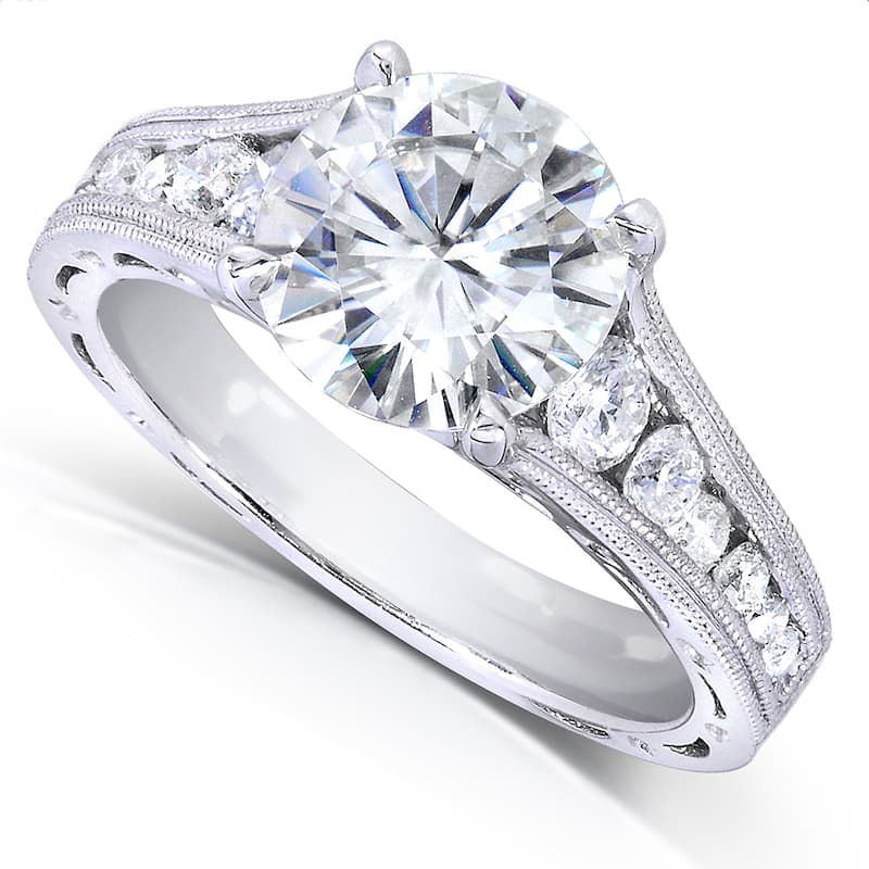 Annello by Kobelli 14k White Gold 1 2/5ct TGW Forever One DEF Moissanite and Diamond Channel Milgrain Vintage Engagement Ring