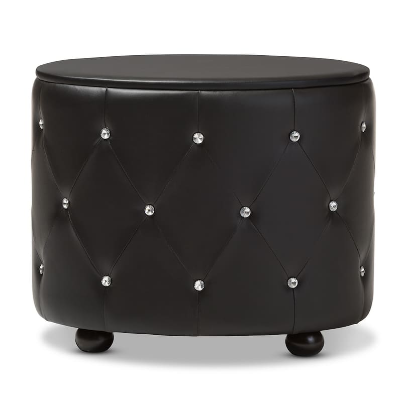 Baxton Studio Davina Hollywood Glamour Style Oval 2-drawer Black Faux Leather Upholstered Nightstand