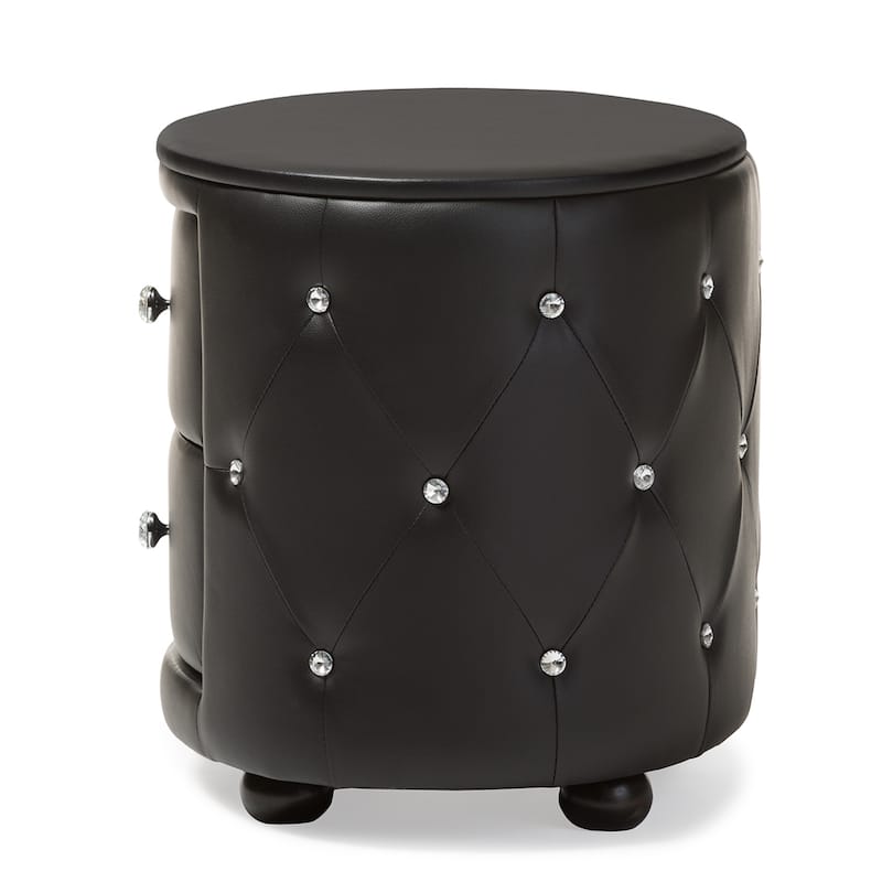 Baxton Studio Davina Hollywood Glamour Style Oval 2-drawer Black Faux Leather Upholstered Nightstand