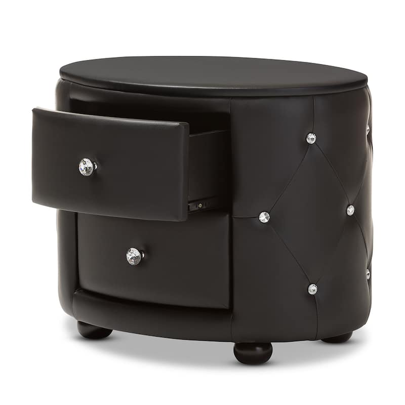 Baxton Studio Davina Hollywood Glamour Style Oval 2-drawer Black Faux Leather Upholstered Nightstand