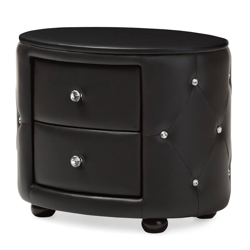 Baxton Studio Davina Hollywood Glamour Style Oval 2-drawer Black Faux Leather Upholstered Nightstand