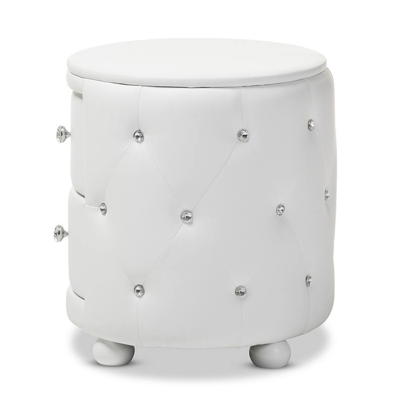 Baxton Studio Davina Hollywood Glamour Style Oval 2-drawer White Faux Leather Upholstered Nightstand