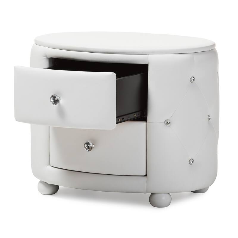 Baxton Studio Davina Hollywood Glamour Style Oval 2-drawer White Faux Leather Upholstered Nightstand