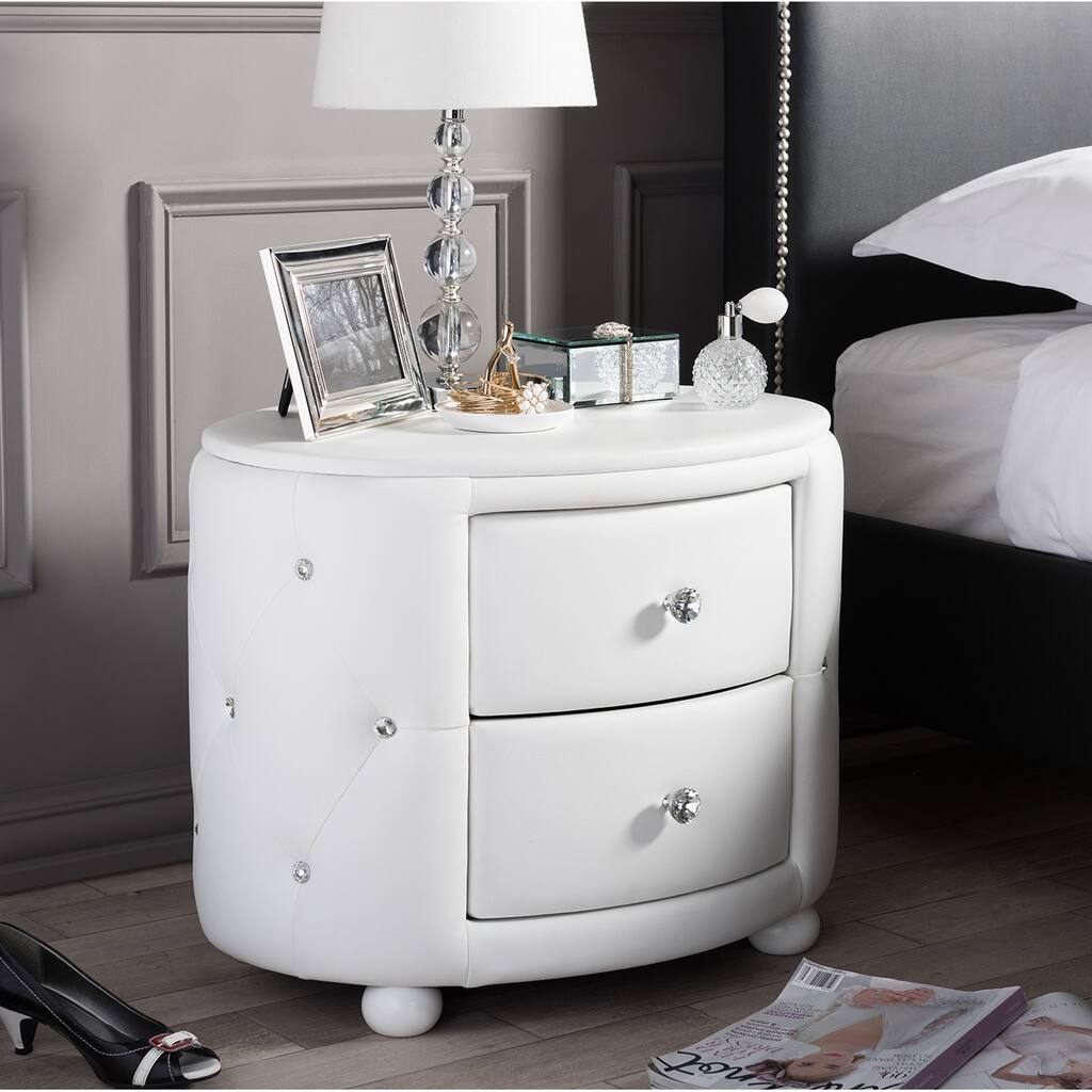 Baxton Studio Davina Hollywood Glamour Style Oval 2-drawer White Faux Leather Upholstered Nightstand