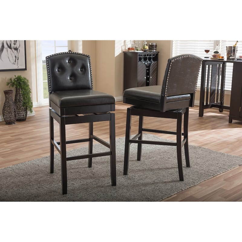 Ginaro Modern and Contemporary Dark Brown Faux Leather Button-tufted Upholstered Swivel Bar Stool (Set of 2)