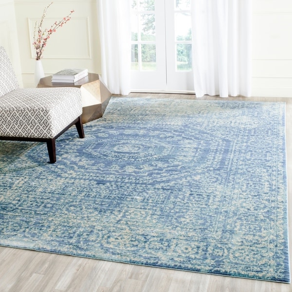 Safavieh Valencia Blue/ Multi Center Medallion Distressed Silky Polyester Rug - 9' x 12'