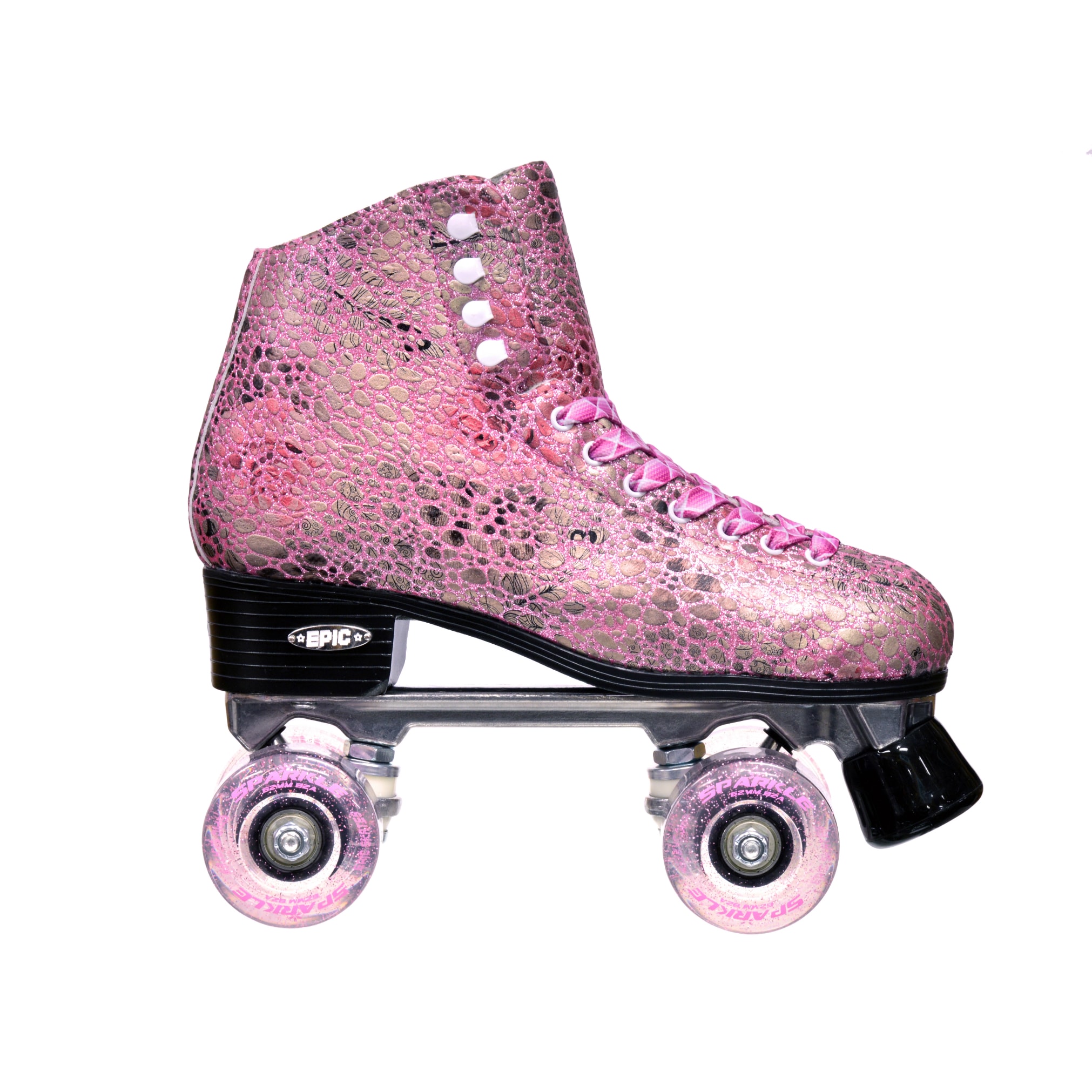 Epic Sparkle Pink Metallic High-Top Quad Roller Skates - Bed