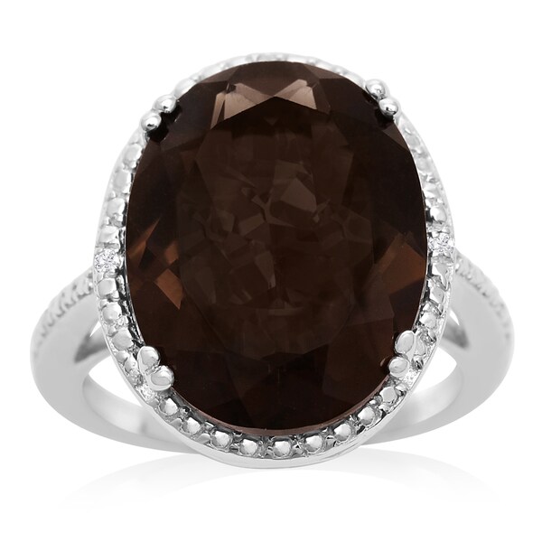 Shop 8 TGW Oval Shape Smoky Quartz and Diamond Ring In Sterling Silver