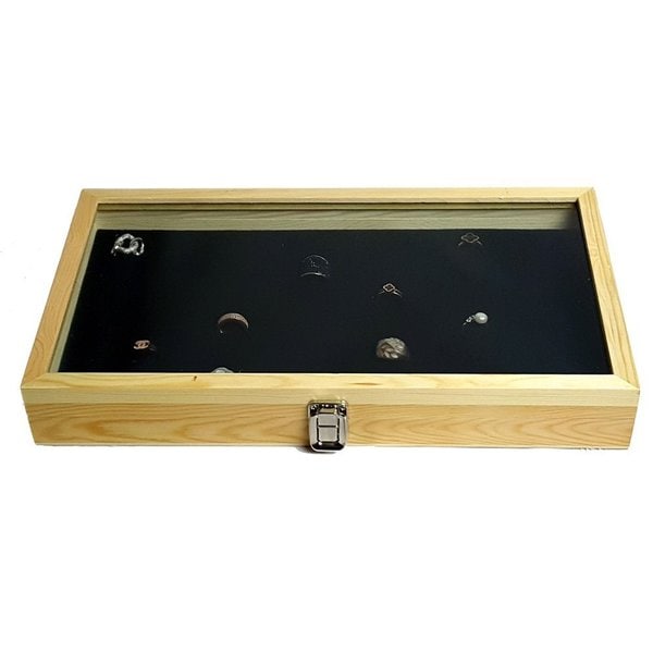 Ikee Design Natural Wood Case with Tempered Glass Top Lid and 72 Slot Ring Foam