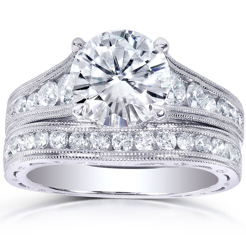 Annello by Kobelli 14k White Gold 2 4/5ct TGW Forever One DEF Moissanite and Diamond Channel Milgrain Vintage Bridal Set