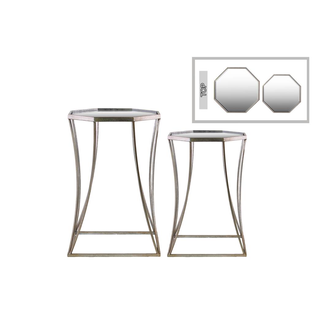 Metal Octagonal Table with Beveled Mirror Top Distressed Metal Finish Antique Champagne (Set of 2)
