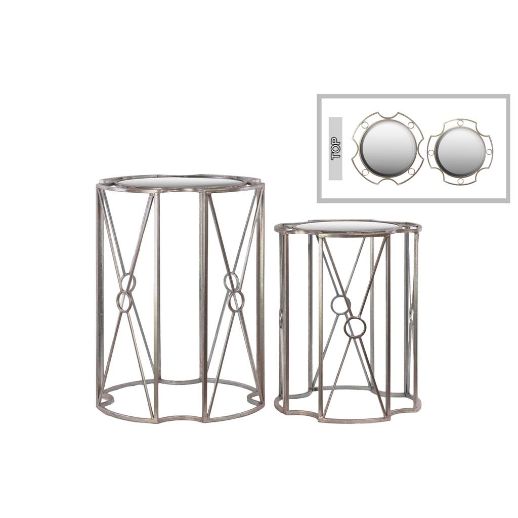 Metal Table with Round Beveled Mirror Top Distressed Metal Finish Antique Gold (Set of 2)