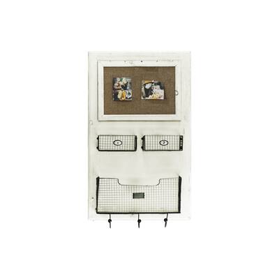 Wood Wall Shelf with Cork Board 2 Numbered Metal Basket Shelves and 1 Metal Basket Shelf with 3 Hooks Coated Wood Finish White