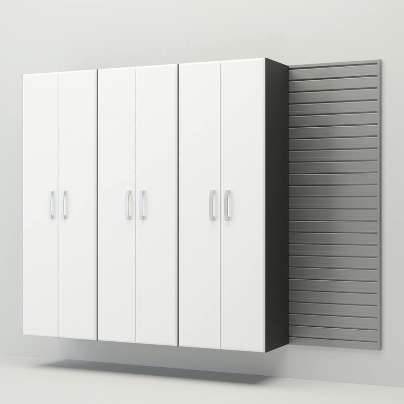 4 Piece Slatwall Panel, Cabinet Storage Set - Silver Slat Wall/ White Cabinet