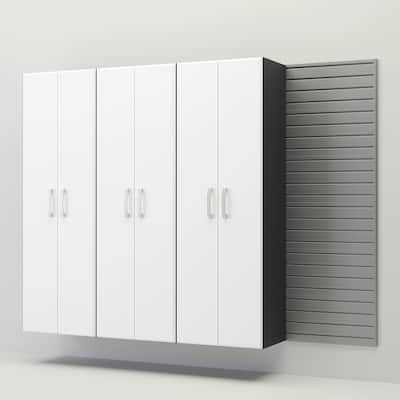 4 Piece Slatwall Panel, Cabinet Storage Set - Silver Slat Wall/ White Cabinet
