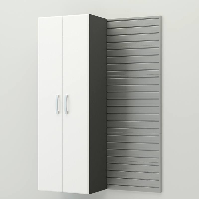 4 Piece Slatwall Panel, Cabinet Storage Set - Silver Slat Wall/ White Cabinet