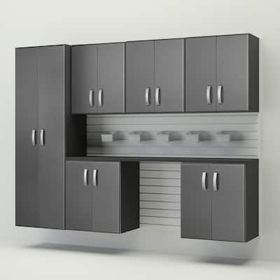 13 Piece Slatwall Panel, Cabinet, Bin and Large Workstation Storage Set - White Slat Wall/Graphite Carbon Cabinet