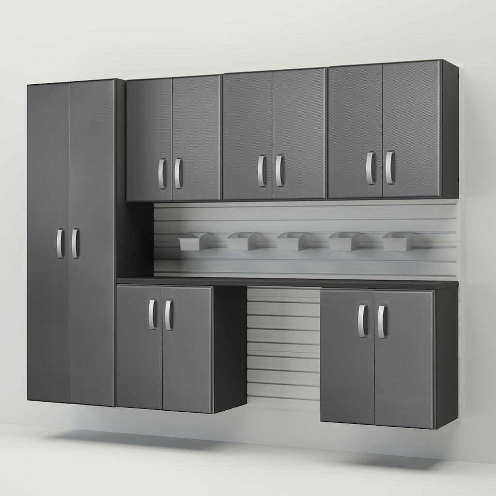 13 Piece Slatwall Panel, Cabinet, Bin and Large Workstation Storage Set - White Slat Wall/Graphite Carbon Cabinet