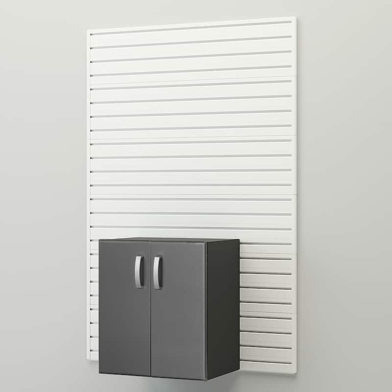 13 Piece Slatwall Panel, Cabinet, Bin and Large Workstation Storage Set - White Slat Wall/Graphite Carbon Cabinet