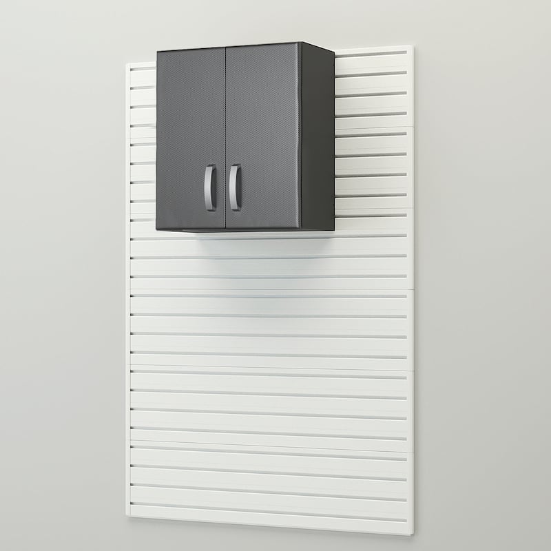 13 Piece Slatwall Panel, Cabinet, Bin and Large Workstation Storage Set - White Slat Wall/Graphite Carbon Cabinet