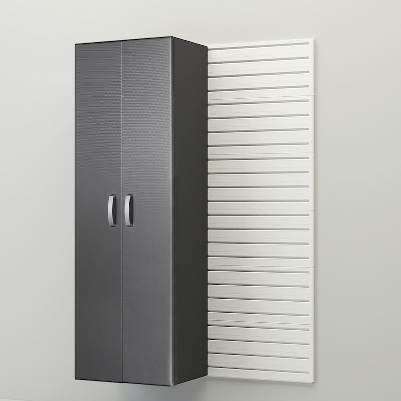 13 Piece Slatwall Panel, Cabinet, Bin and Large Workstation Storage Set - White Slat Wall/Graphite Carbon Cabinet