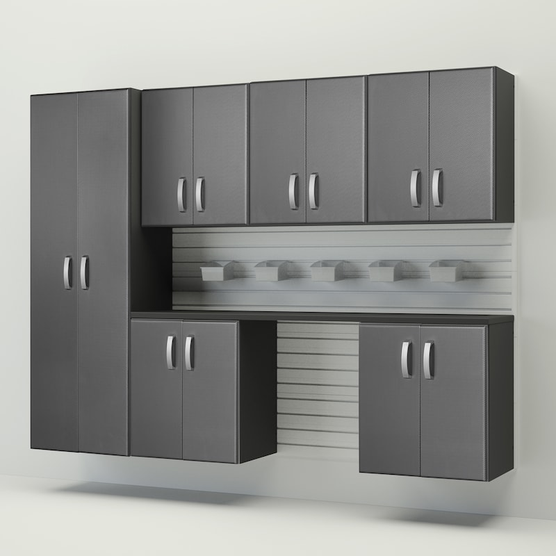 13 Piece Slatwall Panel, Cabinet, Bin and Large Workstation Storage Set - White Slat Wall/Graphite Carbon Cabinet