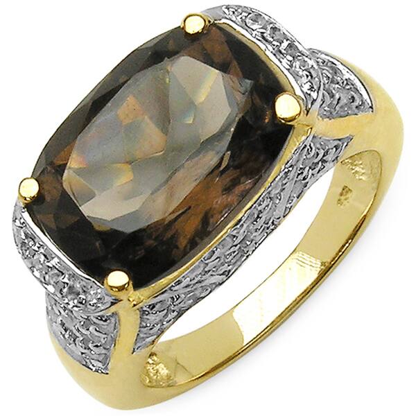 slide 1 of 3, Malaika 14K Yellow Gold Plated 6.39 Carat Genuine Smoky Quartz & White Topaz .925 Sterling Silver Ring
