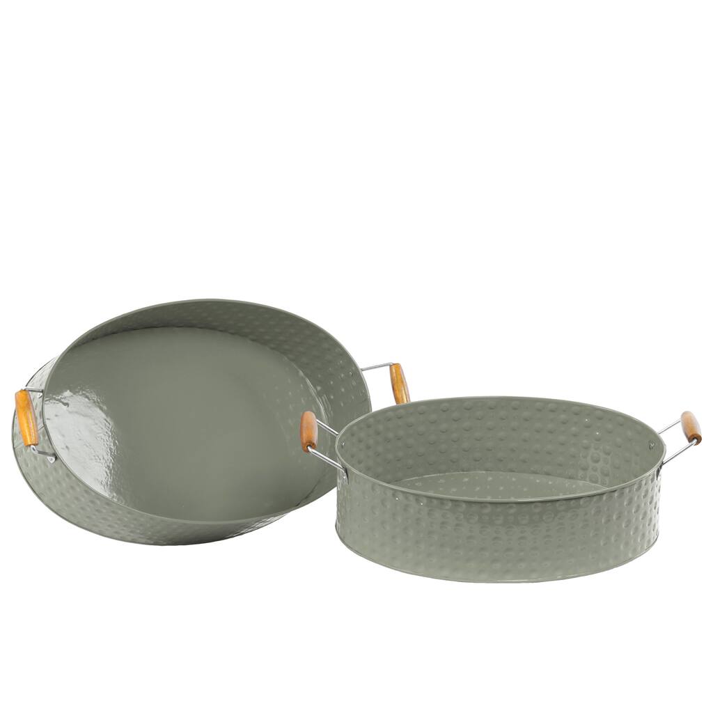 Grey Metal Oval Tray with Wood Handles (Set of 2)
